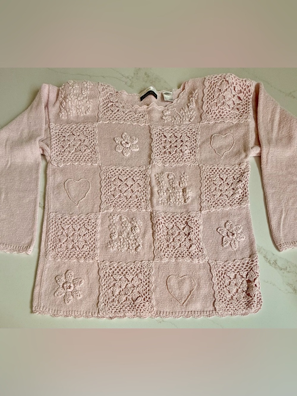 Vintage 90s Dana Scott L Pink Crochet Sweater Pearl Hearts Cottagecore Floral